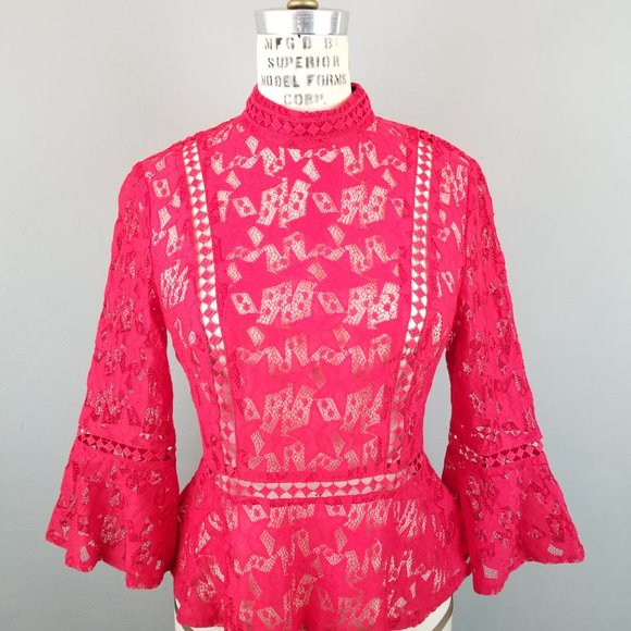Minkpink Red Sheer Lace Blouse with Stars Flared Sleeves Women's Size Small - Picture 2 of 8